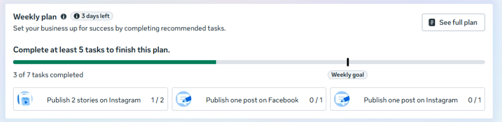 Meta Business Suite Weekly Plan Progress Bar for Travel Advisors